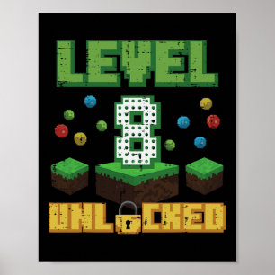 Level 8 Unlocked Pixel Gamer 8th Birthday Gaming B Poster