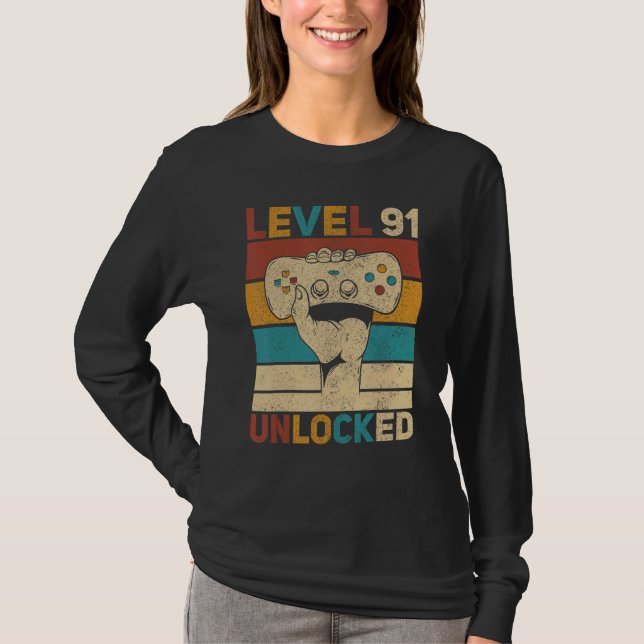 Level 91 Unlocked 91st Birthday 91 Years Old Gamer T-Shirt (Front)
