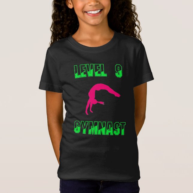 Level 9 Gymnast Neon Pink and Green T-Shirt (Front)