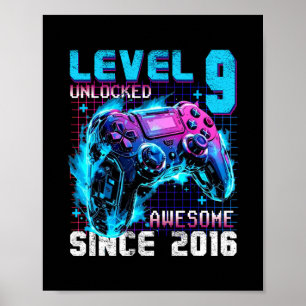 Level 9 Unlocked Awesome Since 2016 9th Birthday G Poster