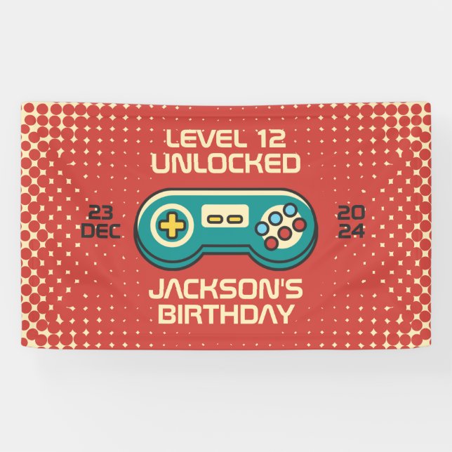 Level Unlocked Retro Gamer Boy Teen Birthday Party Banner (Horizontal)