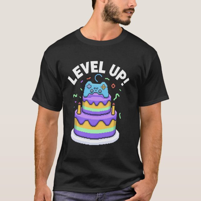 Level Up! Birthday Cake with Controller T-Shirt (Front)