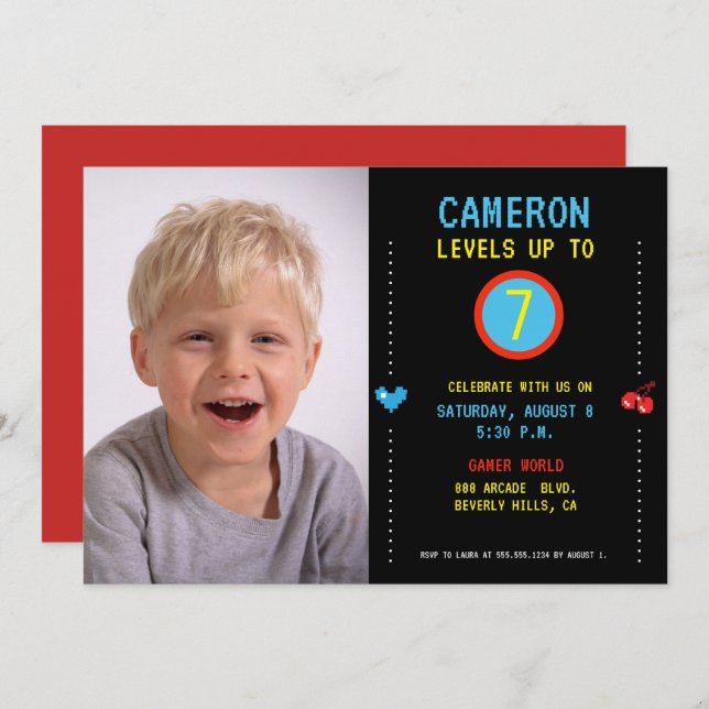 Level Up Custom 7th Birthday Party Boy Photo  Invitation (Front/Back)
