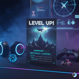Level Up Gamer Space Sci-Fi Glitch Birthday Invitation