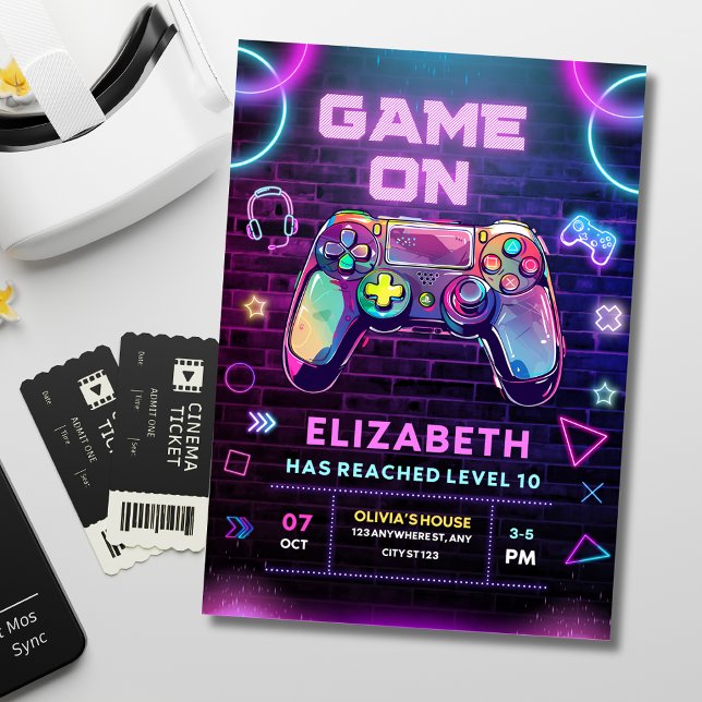 Level Up Gaming Birthday, Neon Video Game Birthday Invitation (Creator Uploaded)