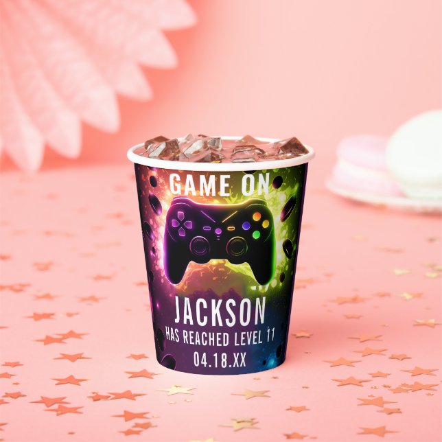  Level Up! Neon Video Game Birthday Party Paper Cups (Insitu)