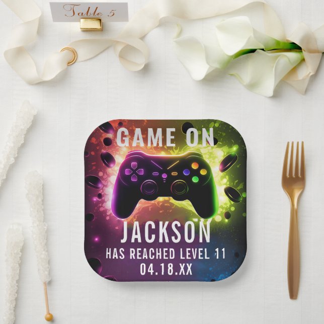  Level Up! Neon Video Game Birthday Party Paper Plate (Wedding)