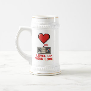 Level Up Your Love, Retro Pixel Gaming Design Beer Stein