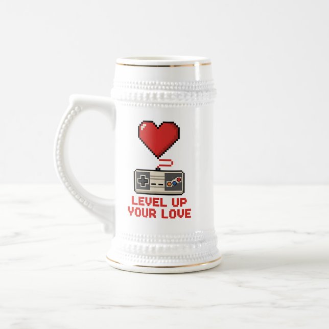 Level Up Your Love, Retro Pixel Gaming Design Beer Stein (Left)