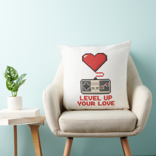 Level Up Your Love, Retro Pixel Gaming Design Cushion