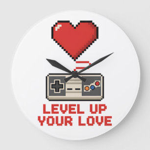Level Up Your Love, Retro Pixel Gaming Design Large Clock