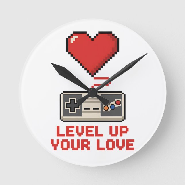 Level Up Your Love, Retro Pixel Gaming Design Round Clock (Front)