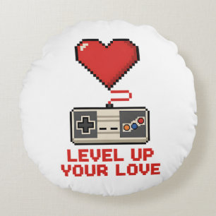 Level Up Your Love, Retro Pixel Gaming Design Round Cushion