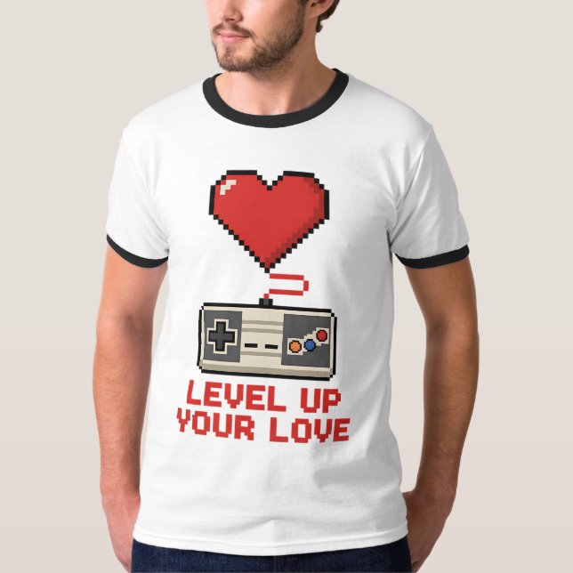 Level Up Your Love, Retro Pixel Gaming Design T-Shirt (Front)