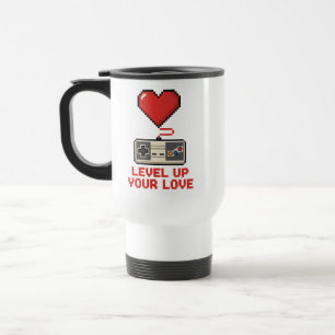 Level Up Your Love, Retro Pixel Gaming Design Travel Mug
