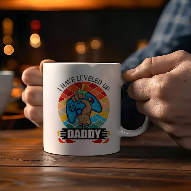 Leveled Up to Daddy, Retro Pregnancy Announcement Coffee Mug (I Have Leveled Up to Daddy Mug)