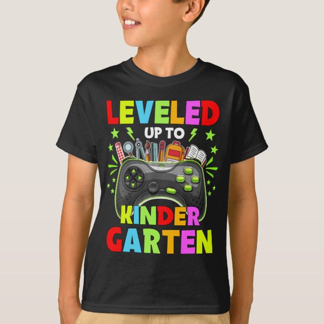 Levelled up to Kindergarten Back to School gamer T-Shirt (Front)