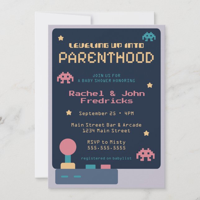 Levelling Up Into Parenthood Video Game Baby Showe Invitation (Front)