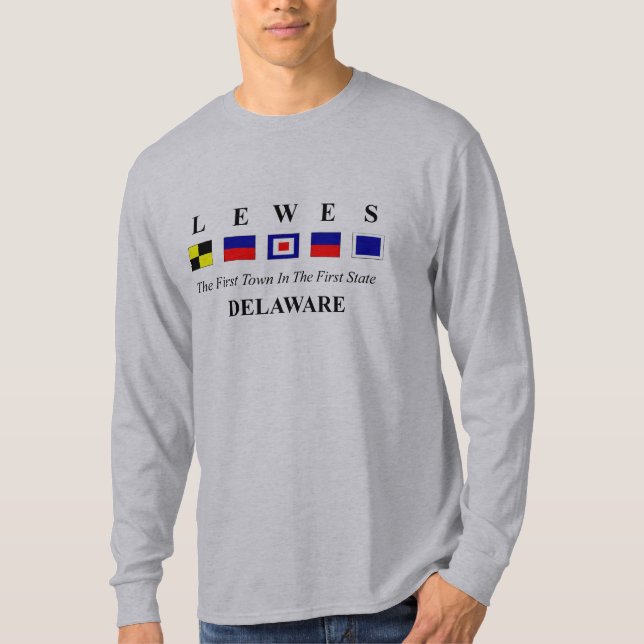 Lewes, DE 2- Nautical Flag Spelling T-Shirt (Front)