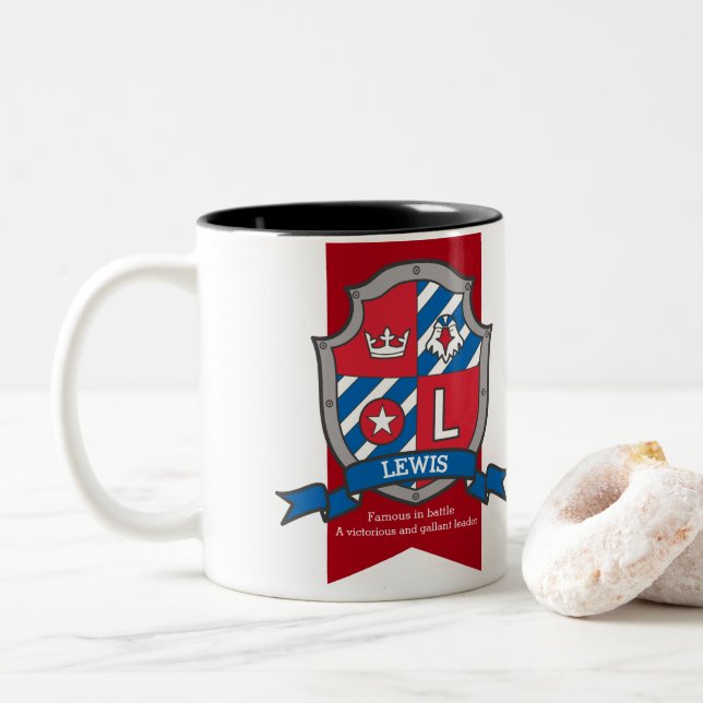 Lewis name meaning bird red blue letter L Two-Tone Coffee Mug (With Donut)