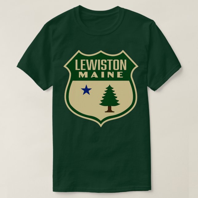 Lewiston Maine Retro Pine Tree Shield Green T-Shirt (Design Front)