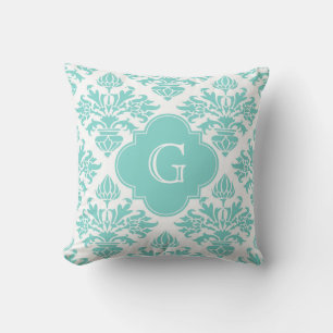 Lg Aqua Floral Damask #3 Aqua Quatrefoil Monogram Cushion