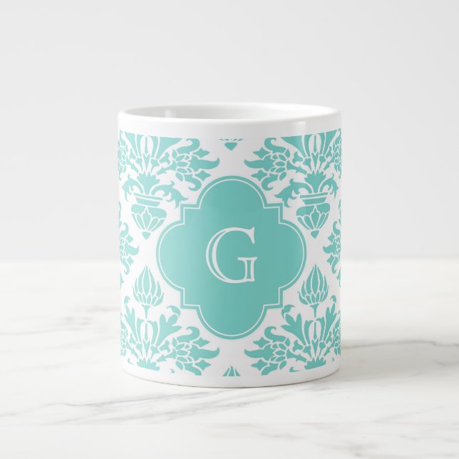 Lg Aqua Floral Damask #3 Aqua Quatrefoil Monogram Large Coffee Mug (Front)