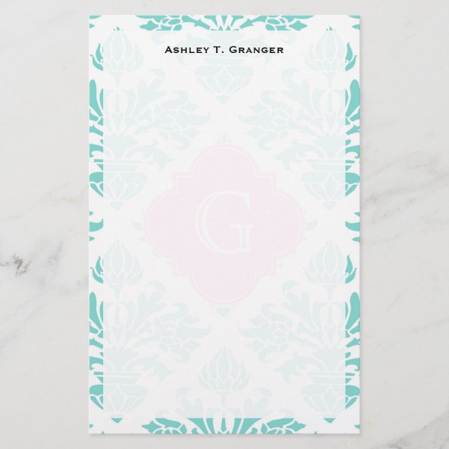 Lg Aqua Floral Damask #3 Pink Quatrefoil Monogram Stationery (Front)