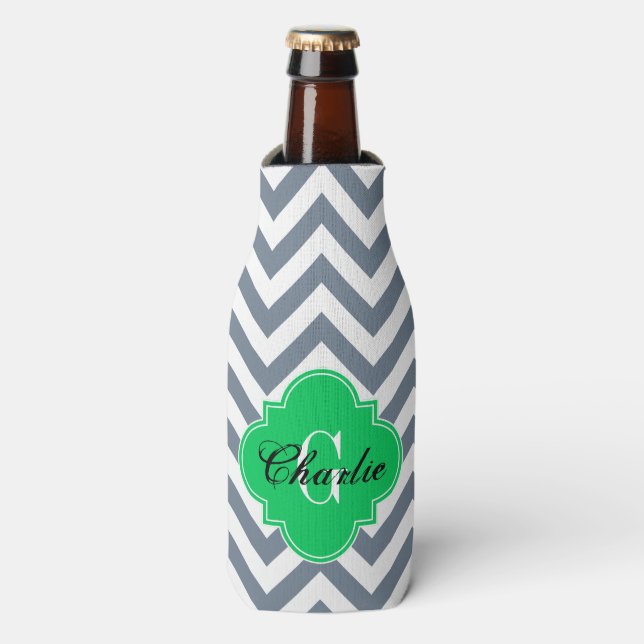 LG Chevron Emerald Green Name Init Monogram Bottle Cooler (Bottle Front)