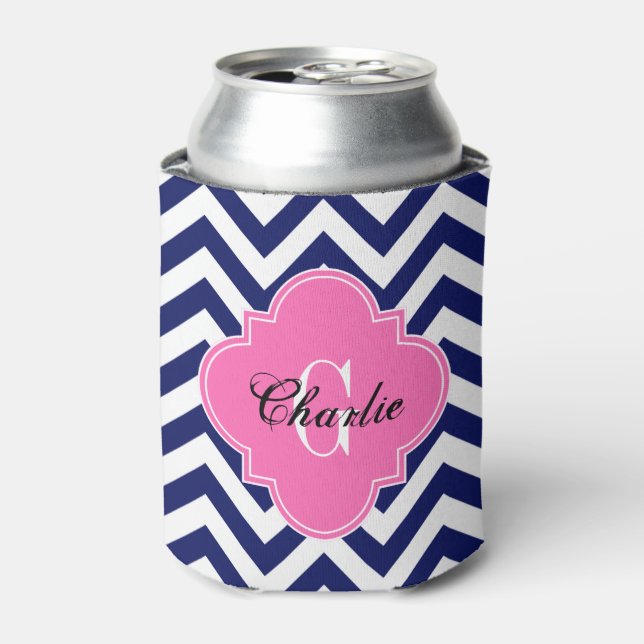 LG Chevron Hot Pink Name Init Monogram Can Cooler (Can Front)