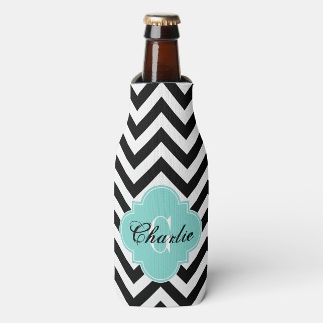 LG Chevron Turquoise Name Init Monogram Bottle Cooler (Bottle Front)