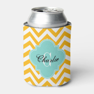 LG Chevron Turquoise Name Init Monogram Can Cooler