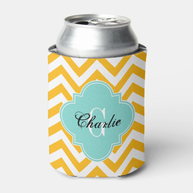 LG Chevron Turquoise Name Init Monogram Can Cooler (Can Front)