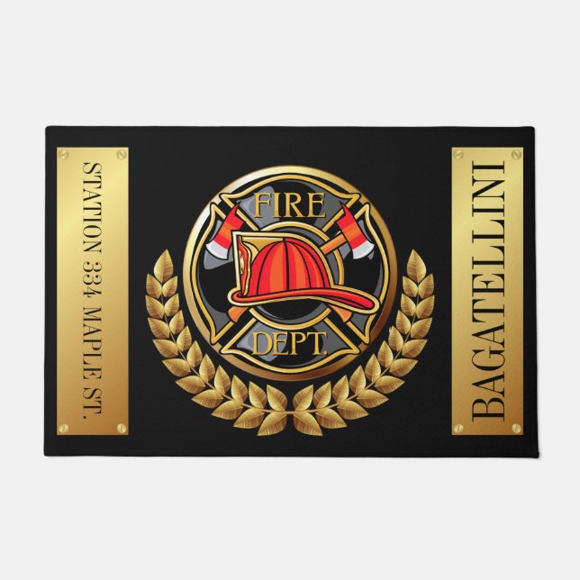 Lg. Fire Department Elegant Black and Gold Doormat (Front)
