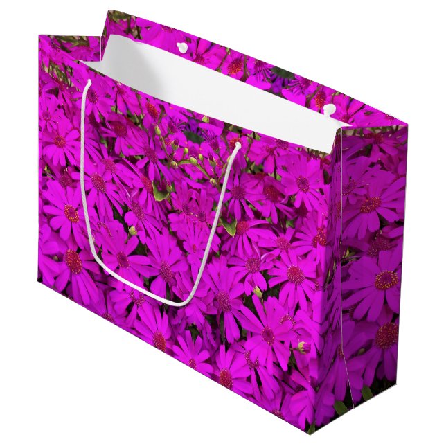 Lg Gift Bag Bright Pink/Purple Daisies (Front Angled)
