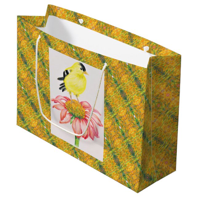 Lg Gift Bag Goldfinch on Coneflower (Front Angled)