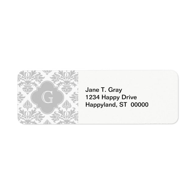 Lg Grey White Floral Damask #3 Grey Monogram Label (Front)