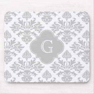 Lg Grey White Floral Damask #3 Grey Monogram Label Mouse Pad