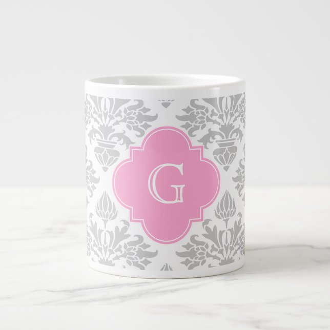 Lg Grey White Floral Damask #3 Pink Monogram Label Large Coffee Mug (Front)