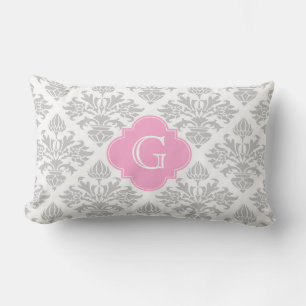 Lg Grey White Floral Damask #3 Pink Monogram Label Lumbar Cushion