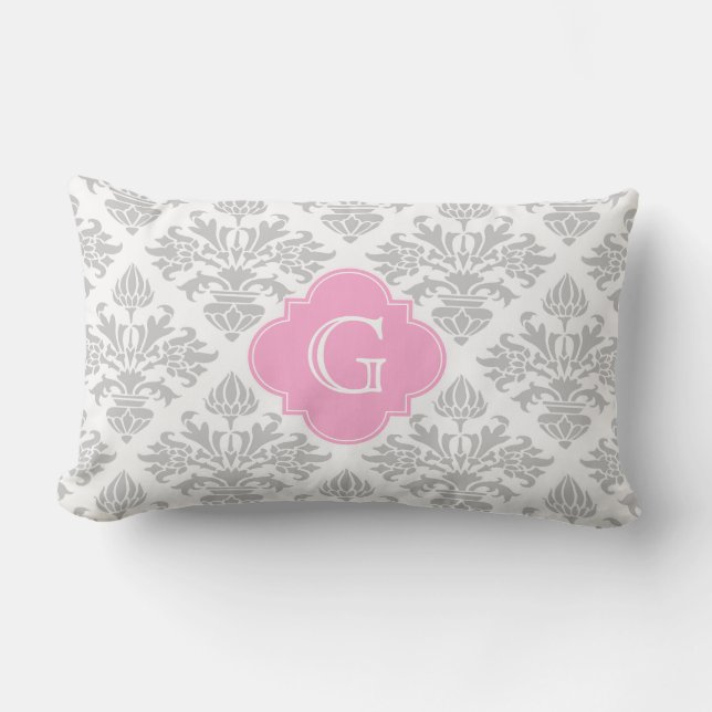 Lg Grey White Floral Damask #3 Pink Monogram Label Lumbar Cushion (Front)