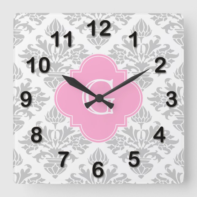 Lg Grey White Floral Damask #3 Pink Monogram Label Square Wall Clock (Front)