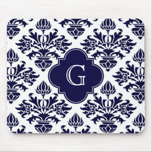 Lg Navy Blu Wht Damask #3 Navy Quatrefoil Monogram Mouse Pad