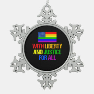 LGBT American Flag Liberty and Justice for All Snowflake Pewter Christmas Ornament