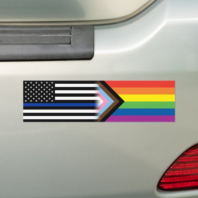 LGBT Cop Law Enforcement Pride Flag Thin Blue Line Bumper Sticker (On Car)
