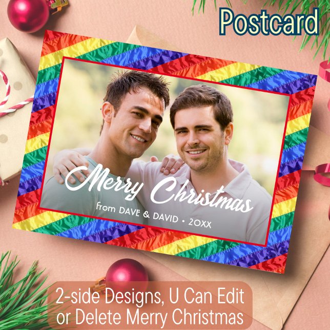LGBT Custom Photo Gay Rainbow Flag Merry Christmas Holiday Postcard (Creator Uploaded)