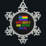 LGBT Equal Rights Rainbow American Flag Snowflake Pewter Christmas Ornament<br><div class="desc">LGBTQ Rights Rainbow Pride American Flag design that reads With Liberty and Justice for All. The LGBTQ community deserves equality. Uphold our constitution and demand equal rights for every person who identifies as gay,  bisexual,  pansexual,  queer,  and transgender. Be an ally and support your friends.</div>