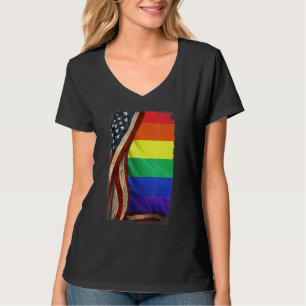 Lgbt Flag Behind American Flag Pride Rainbow Gay L T-Shirt