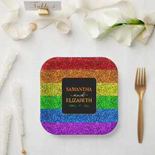 LGBT flag rainbow sparkles gay lesbian wedding Paper Plate
