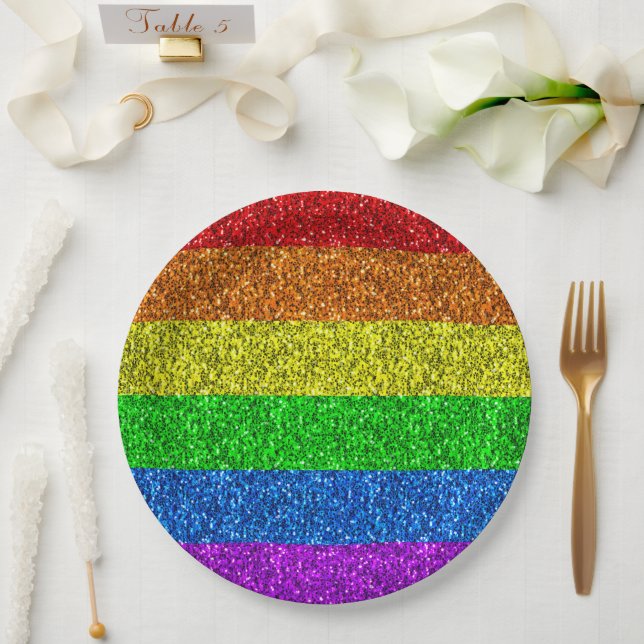 LGBT flag rainbow sparkles gay lesbian wedding Paper Plate (Wedding)